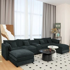 SOULART 144 U Shaped Couch Cloud Modular Sectional Sofa Ottoman Black 6-Seat