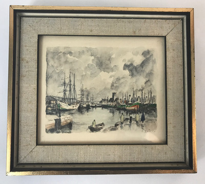 Joseph-Marie Le Tournier La Brige French Harbor Watercolor Miniature Hand Lith