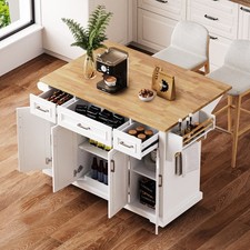 K&K 54inch Large Kitchen Island with Rubber Wood Drop Leaf, Embossed Texture R