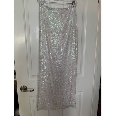 EUC SELF MADE Sequin Midi Skirt in Iridescent White Size S