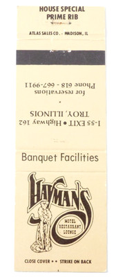 HAYMAN'S MOTEL-RESTAURANT-LOUNGE MATCHBOOK COVER * TROY, ILLINOIS