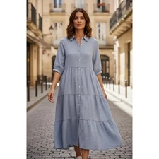 R.Vivimos Womens Dress Small 4/6  Cotton Tiered Button Peasant Midi Grey Blue