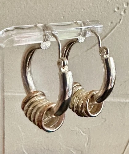 Vintage 925 Sterling 1” Tube Hoop Earrings Multi GoldTone Accent Rings Tested