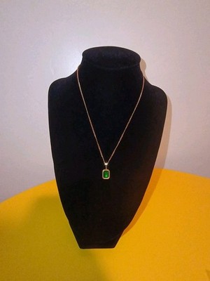 Gold Tone Chain Pendant Necklace with Green Rectangle Charm, Bezel Set