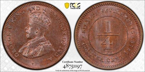 D7 British Straits Settlements 1916 1/4 Cent PCGS MS-64 Brown Tied For Finest! - Picture 1 of 3