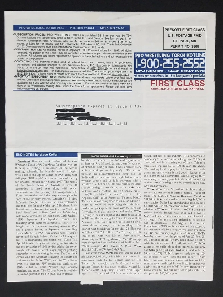 Pro Wrestling Torch ISSUE #434 APRIL 5, 1997 WWF WCW RAW NITRO NWO DX WWE AUSTIN - Image 2 of 2