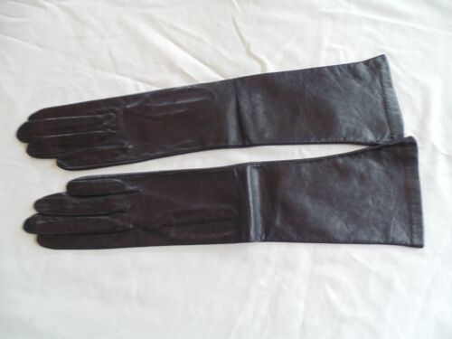 New Vtg Black Leather Gloves Soft Kid Silk Lined 15" Matinee Evening Womens Sz 7 - Picture 1 of 8