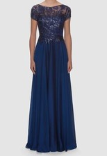 409 La Femme Women's Blue Metallic Lace Cap Sleeve High Neck Gown Dress Size 6