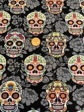 1/4 Yard 9 x42 Sugar Skulls On Black Floral Background Cotton Quilt Fabric