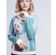 Anthropologie Lauren Walcott Artwork Llama Sweater Blue Womens Size S Wool Blend