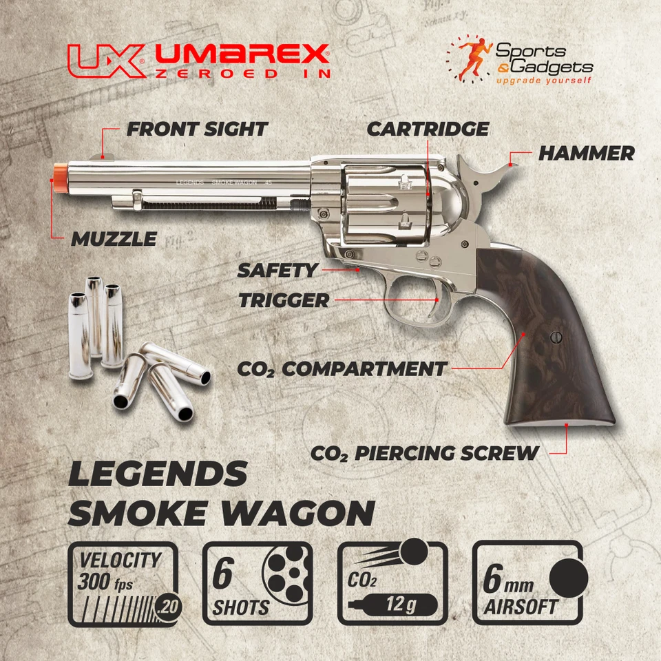 Pistola de Airsoft Umarex Legends Smoke Wagon CO2 6 mm níquel 2275800 Foto 3 de 4