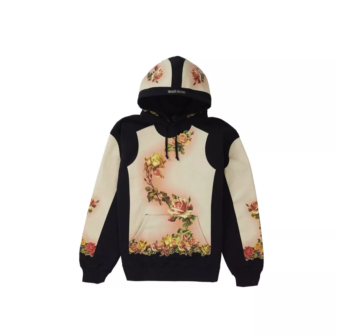 BRAND NEW SUPREME X JEAN PAUL GAULTIER FLORAL PRINT HOODIE SS19 BLACK - LARGE