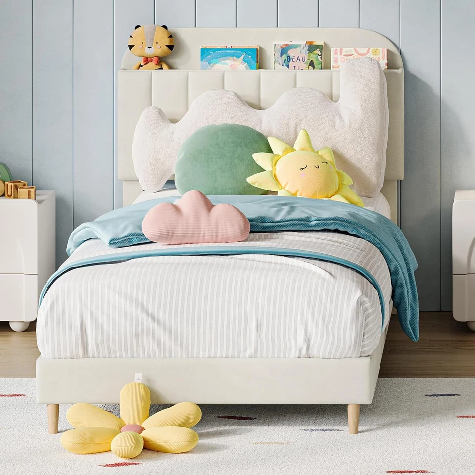 Twin Size Bed Frame Upholstered Platform with Velvet Headboard for Boy & Girl - Image 2 of 4