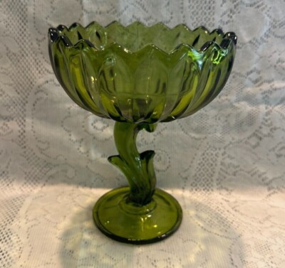 Vintage Indiana Glass Green Lotus Blossom Compote Cany Dish 7.5''