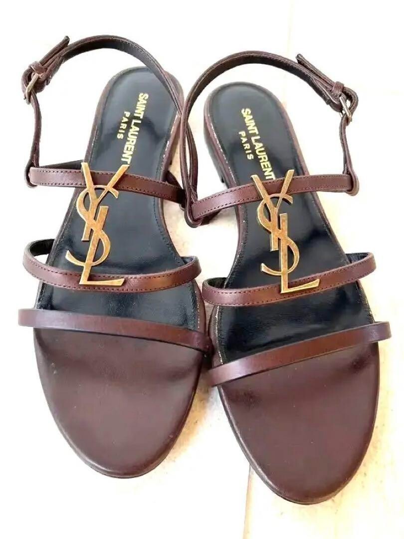 SAINT LAURENT PARIS Brown CASSANDRA Leather Flat Sandals  display picture 3