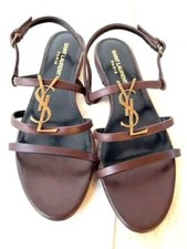 SAINT LAURENT PARIS Brown CASSANDRA Leather Flat Sandals Size 38.5 womens Item 