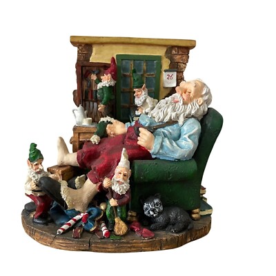 Vtg Figurine Snoozing Santa Claus Elves Musical Wind Up Christmas Decor VIDEO