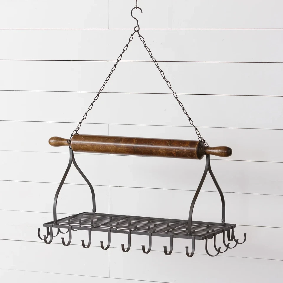 New Primitive Farmhouse Rustic ROLLING PIN POT RACK Ceiling Hanger Shelf - Image 2 of 2