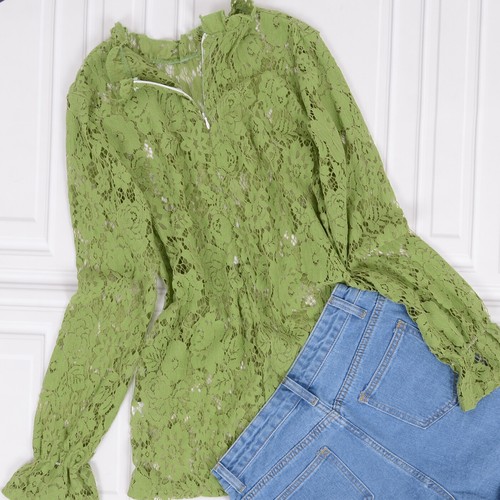 Damen lange Glockenärmel transparent Blumen Spitze Bluse Tops - Bild 18 von 25