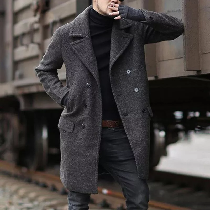 Men's Double-Breasted Lapel Collar Jacket Wool Coat Trench Winter Warm  Overcoat