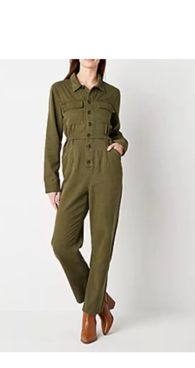 Woman's Tencel Cargo Jumpsuit Utility Army Green Long Sleeve