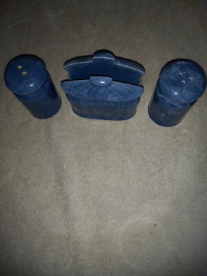 Vintage Blue Marble Napkin Holder And Salt & Pepper Shaker