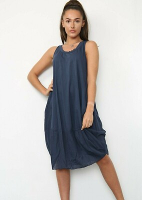 NEU DAMEN LAGENLOOK AUSGEFALLEN BOHO SOMMER ÄRMELLOS COCOON RUNDHALSAUSSCHNITT TUNIKA KLEID