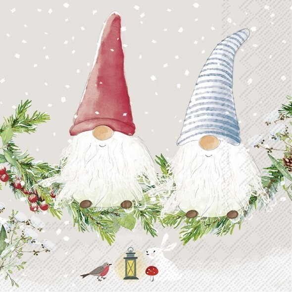 4 x Paper Napkins/3Ply/33cm/Decoupage/Christmas/Tomte/Gnomes/Two Little Friends