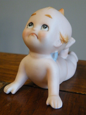 VINTAGE KEWPIE PIANO BABY FIGURINE Bisque BLUE WINGS Sad Face FREE SHIP
