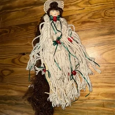 Vintage Handmade Mop Head Doll 24" with Straw Hat & Ribbon Accent folk art straw