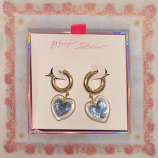 Betsey Johnson Gold Tone Acrylic Heart Huggie Hoop Earrings Blue Crystal NIB. Z5