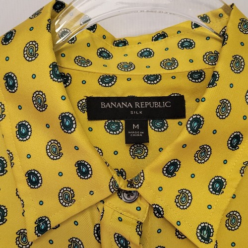 Banana Republic Silk Dandelion Yellow Paisley Button Up Blouse Shirt Wmn's M - Picture 3 of 5