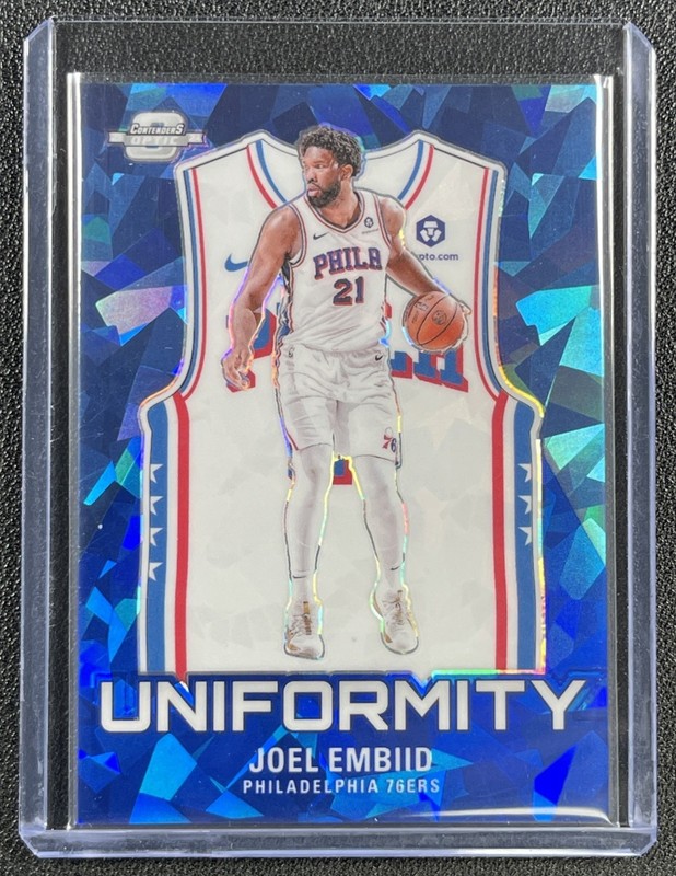 JOEL EMBIID 2023-24 PANINI CONTENDERS OPTIC #28 UNIFORMITY BLUE CRACKED ICE 3/75