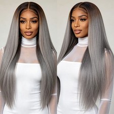 Ombre Grey Long Straight Lace Front Wig Glueless Synthetic Lace Front Wig