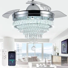 42" Modern Crystal Chandelier Ceiling Fan with Light & Remote,Dimmable LED Fa...