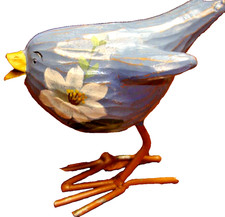 Vtg Carved Wood Bird Sculpture Folk Art Metal Feet Blue w/Yellow Beak Flower 815