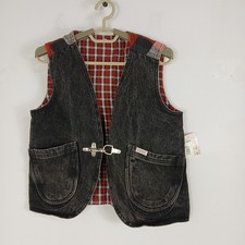 VTG 90s Guess Kids Black Denim Sz L Vest Plaid Back Lined Metal Closure USA Made