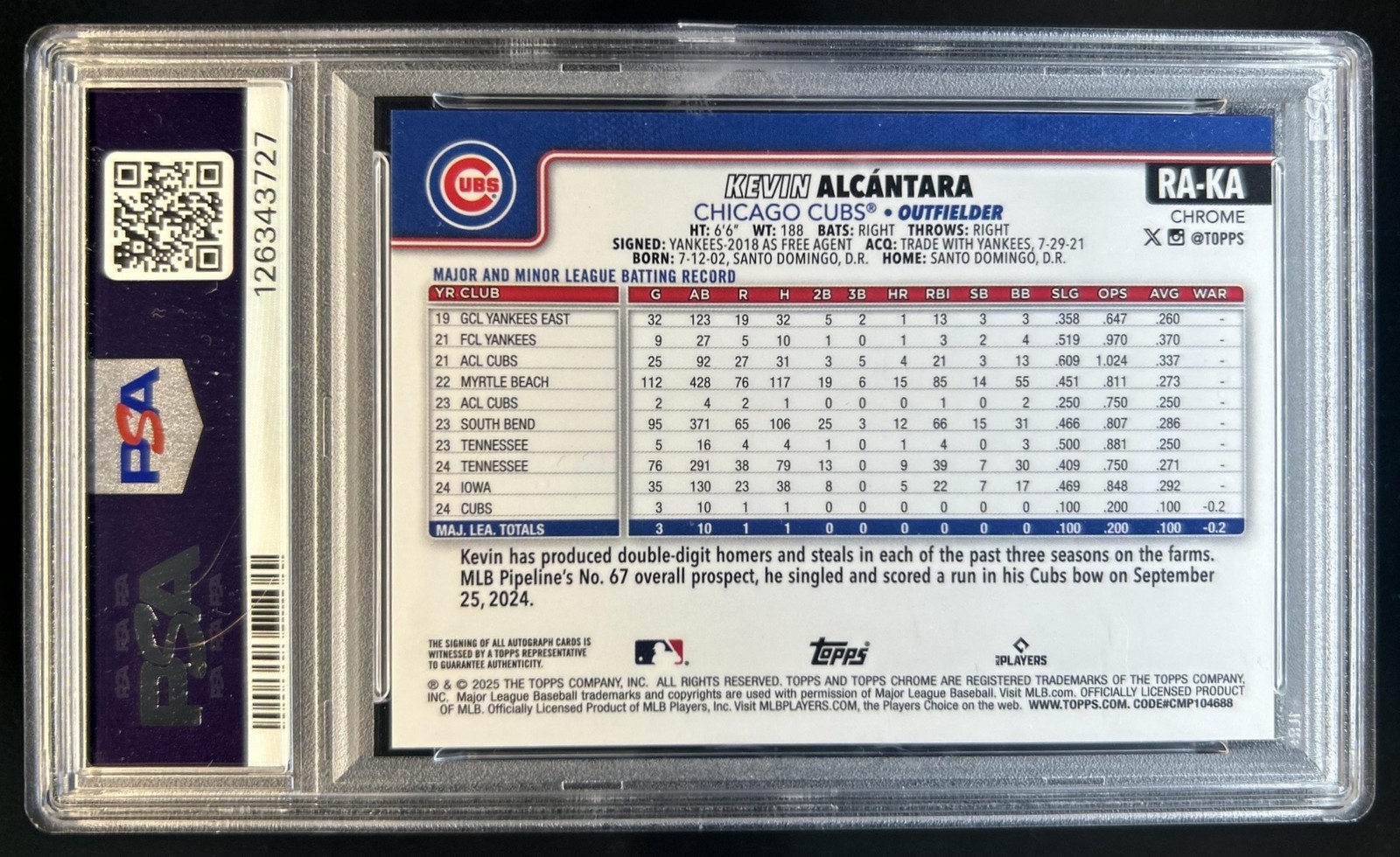 2025 Topps Chrome Kevin Alcantara Rookie Auto RC Blue Refractor #/150 Cubs PSA 9 view 2