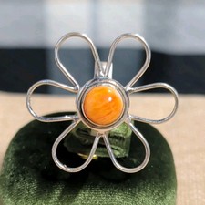 Adjustable orange spiny oyster and Sterling Silver Flower Ring