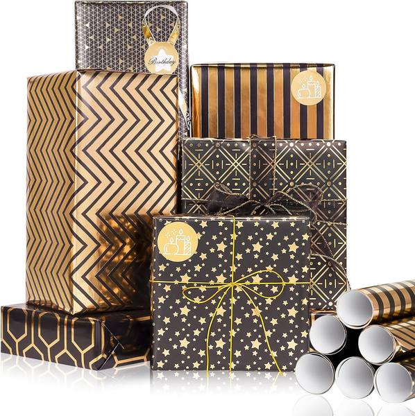 Geschenkpapier Rolle, Schwarz Gold Geschenkpapier Geburtstag Mit Aufkleber, Meta-image