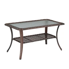 Outdoor Wicker Side Table Rattan End Table with Glass Top for Indoor Garden