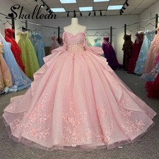 Pink Quinceanera Dresses Off Shoulder Large Bow Lace Applique Sweet 16 Ball Gown
