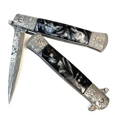 9" Milano Damascus Like   Spring Assisted Open marble black Folding Pocket Knife