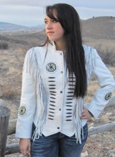 Women White Sweden Leather Jacket Antique Cow Lady Fringes & Pearls Coat