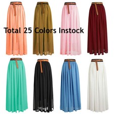 Size L Women Lady Chiffon Pleated Retro Long Maxi Dress Elastic Waist Skirt