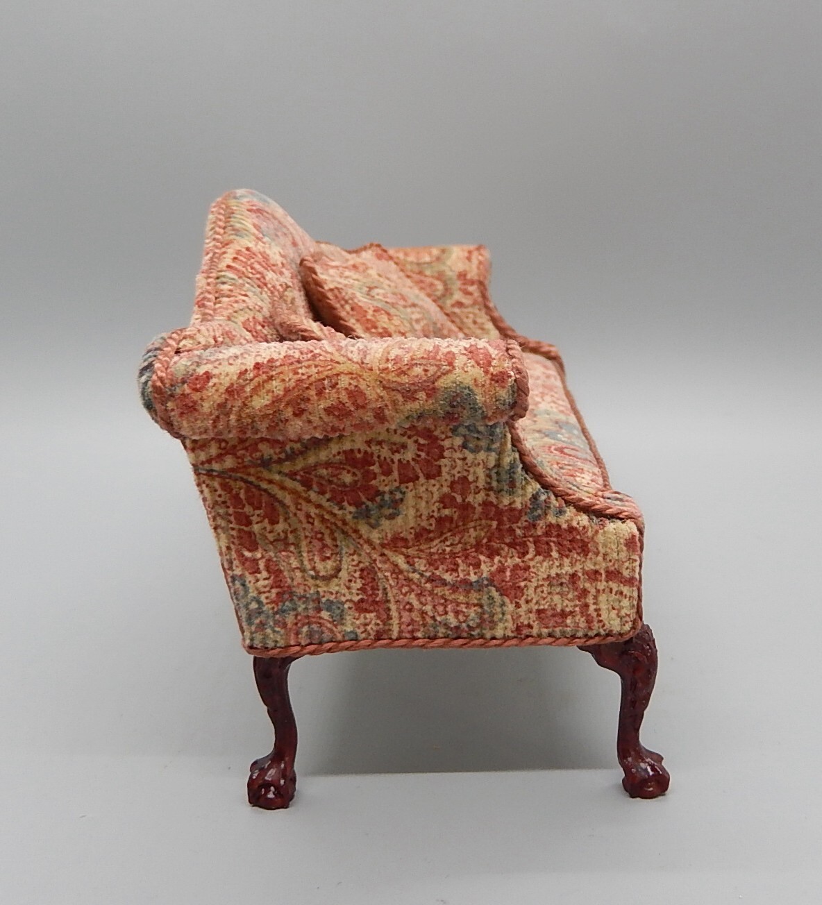 Vintage OOAK Paisley Cabriole Leg Sofa W Pillows Dollhouse Miniature 1