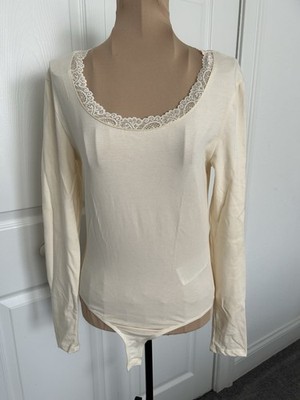 Noisy May Long Sleeve Scoop Neck w/Lace Trim Bodysuit Ivory Size M