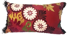 Pier 1 Imports Embroidered Lumbar Pillow Floral Fringe 20" BOHO Chic Red Brown