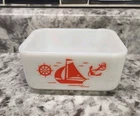 Vintage McKee Red Sailboat Refrigerator Dish No Lid Milk Glass Nautical 5x4