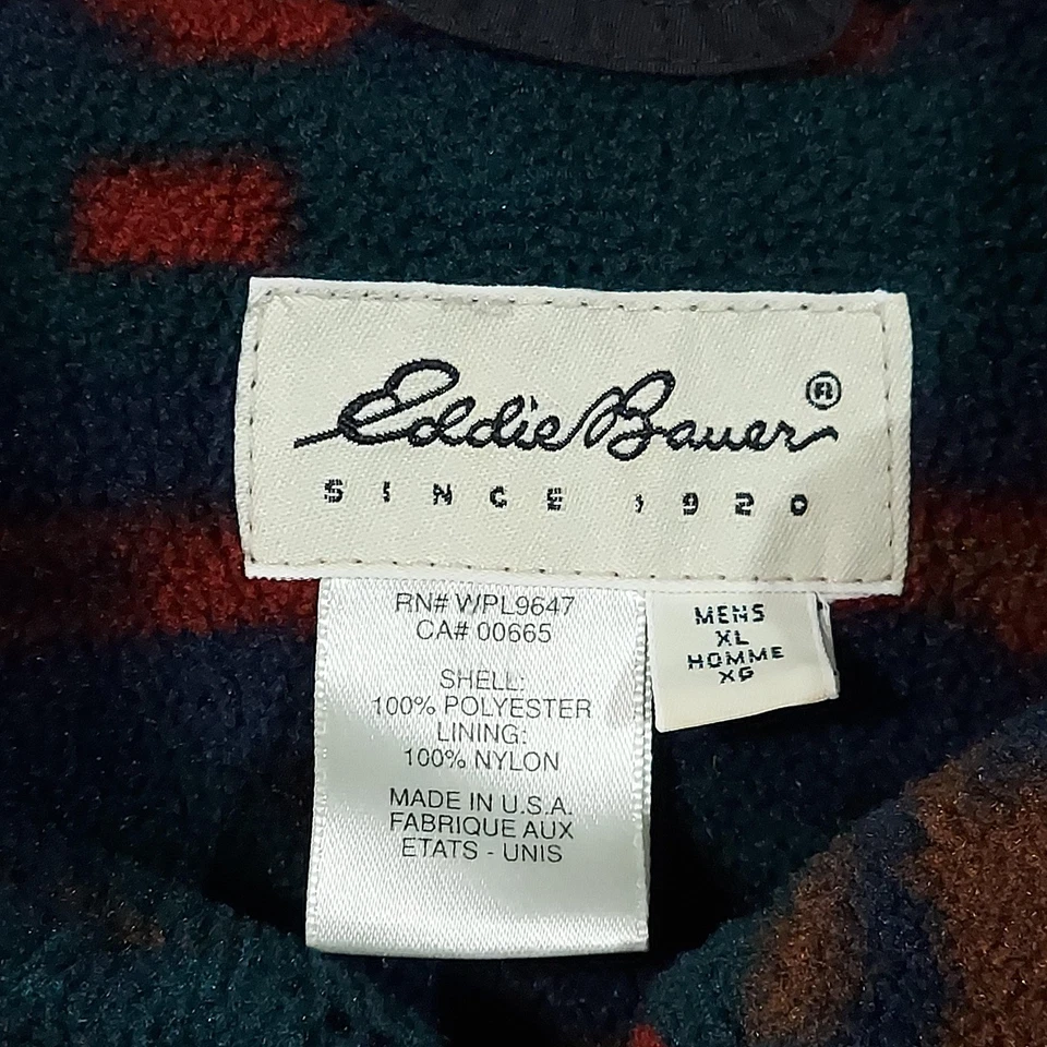 Vintage Eddie Bauer Jacket Mens XL Red Green Aztec Fleece Lined Full Zip 90s USA - Image 4 of 4
